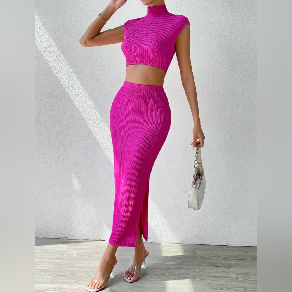 Pink Ribbed Top & Maxi Skirt with Slit